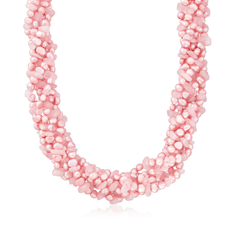 5-6mm Pink Cultured Baroque Pearl and 215.00 ct. t.w. Rose Quartz Torsade Necklace with Sterling Silver image number 0
