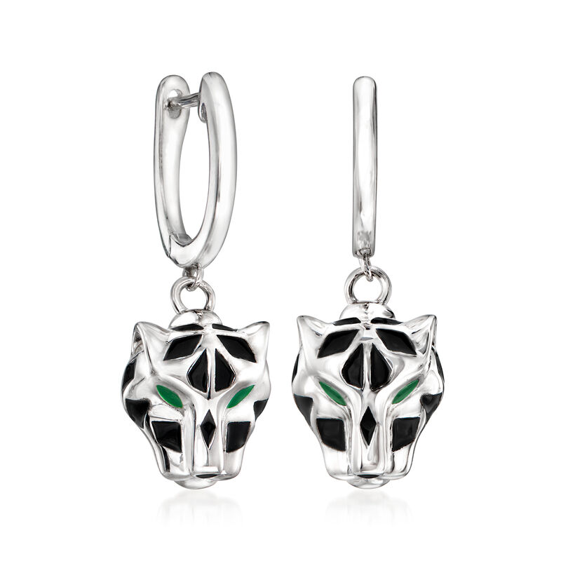 Italian Black and Green Enamel Panther Head Drop Earrings in Sterling Silver image number 0
