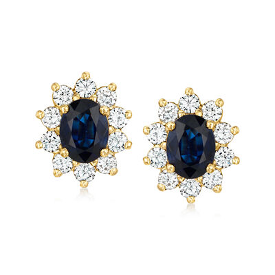 C. 1980 Vintage 2.90 ct. t.w. Sapphire and 1.60 ct. t.w. Diamond Earrings in 14kt Yellow Gold