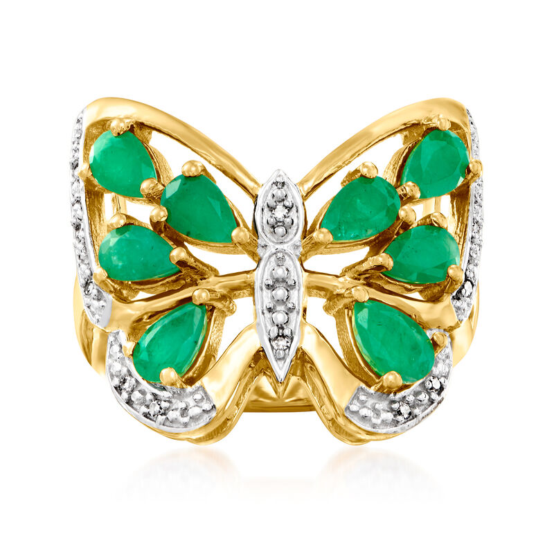 1.75 ct. t.w. Emerald Butterfly Ring with Diamond Accents in 18kt Gold Over Sterling image number 0