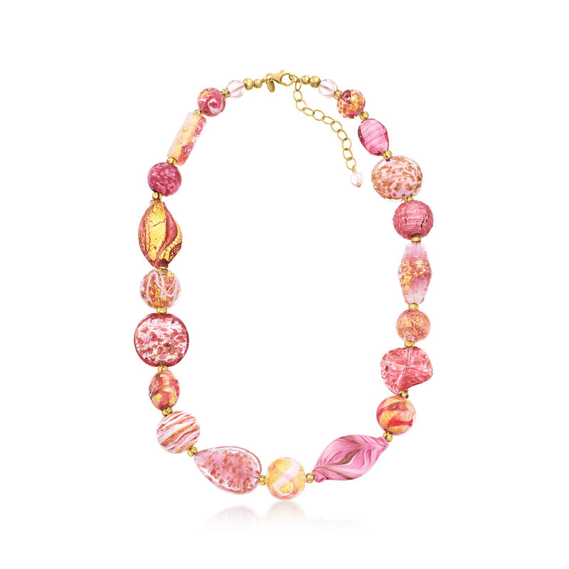 Italian Pink and Gold Murano Glass Bead Necklace in 18kt Gold Over Sterling image number 2