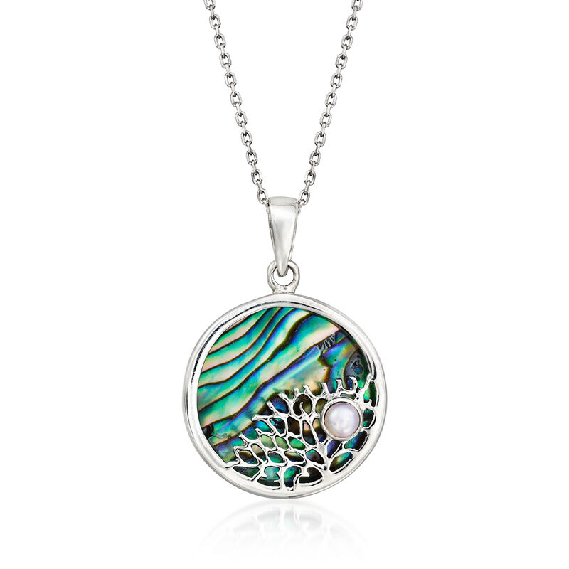 Abalone Shell Pendant Necklace with 4mm Cultured Pearl in Sterling Silver. 18&quot; image number 1