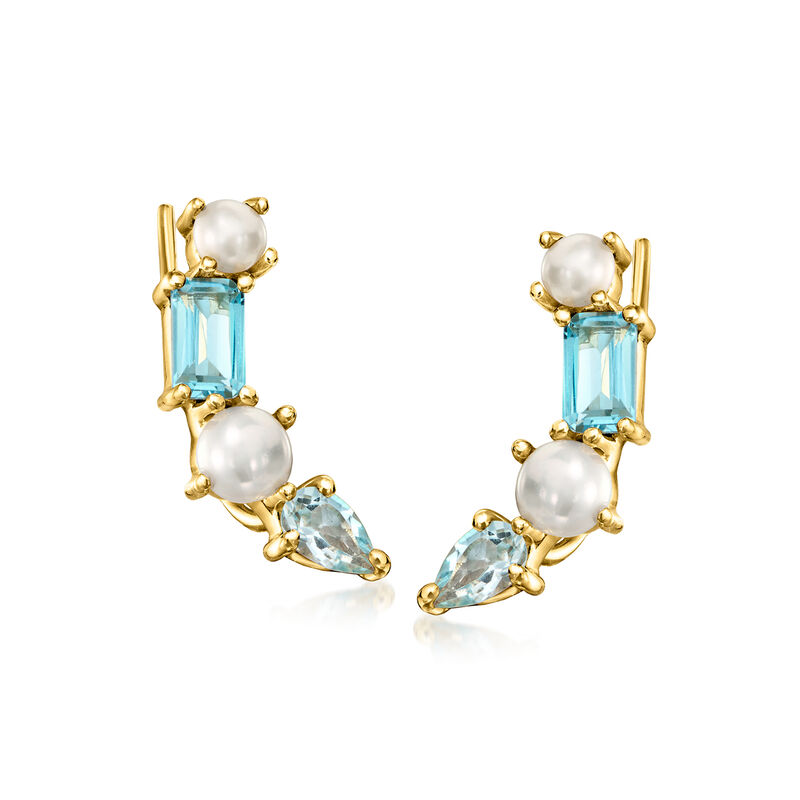 3-4mm Cultured Pearl and .70 ct. t.w. Swiss and Sky Blue Topaz Ear Climbers in 18kt Gold Over Sterling  image number 0