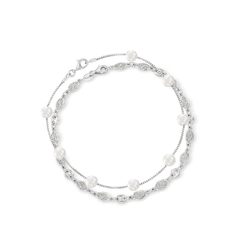 7-7.5mm Cultured Pearl and Sterling Silver Jewelry Set: Two Anklets. 10&quot; image number 0