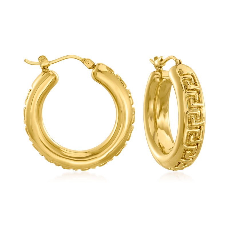 Italian Andiamo 14kt Yellow Gold Greek Key Hoop Earrings. 1&quot; image number 0
