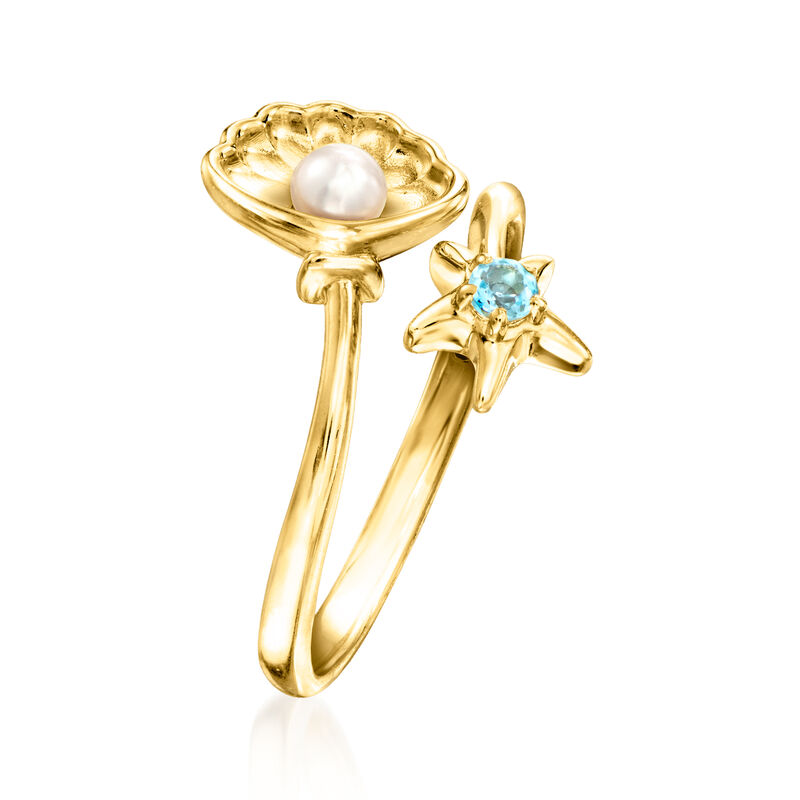 3-3.5mm Cultured Pearl Shell and Swiss Blue Topaz Starfish Ring in 18kt Gold Over Sterling image number 2