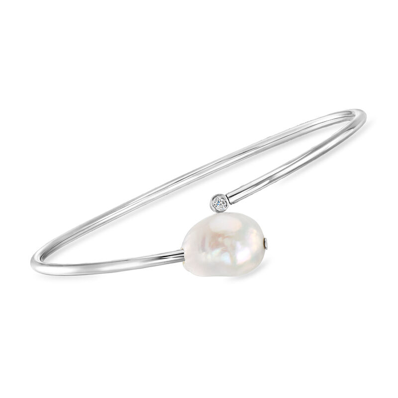 8-10mm Cultured Pearl Bypass Cuff Bracelet with Single CZ in Sterling Silver. 7.5" image number 0