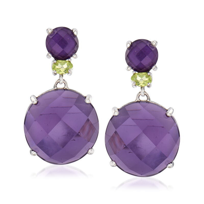 33.50 ct. t.w. Amethyst and .50 ct. t.w. Peridot Drop Earrings in Sterling Silver image number 0