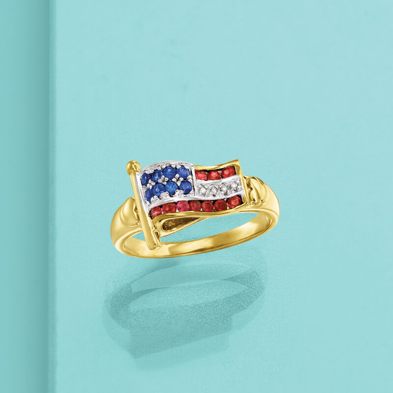 .20 ct. t.w. Ruby and .16 ct. t.w. Sapphire American Flag Ring with Diamond Accents in 18kt Gold Over Sterling image number 3