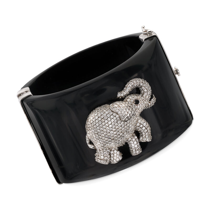 Black Acrylic Bangle Bracelet with 6.30 ct. t.w. CZ Elephant and Smoky Quartz Accents in Sterling image number 0