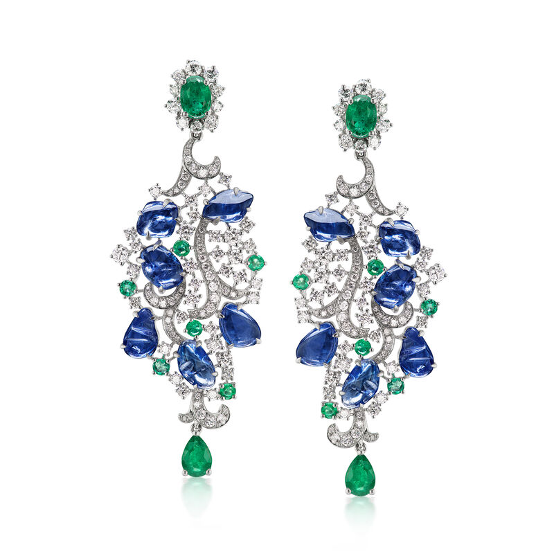 15.50 ct. t.w. Sapphire, 4.18 ct. t.w. Diamond and 3.50 ct. t.w. Emerald Drop Earrings in 18kt White Gold image number 0