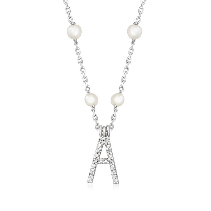 Diamond-Accented Initial Necklace with 3-3.5mm Cultured Pearls in Sterling Silver image number 1