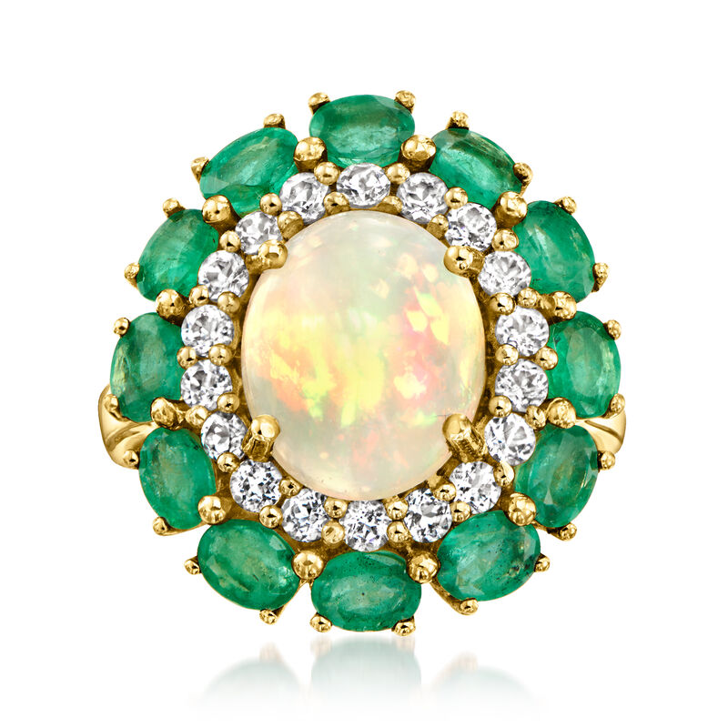 Ethiopian Opal, 2.10 ct. t.w. Emerald and .70 ct. t.w. White Topaz Ring in 18kt Gold Over Sterling image number 0