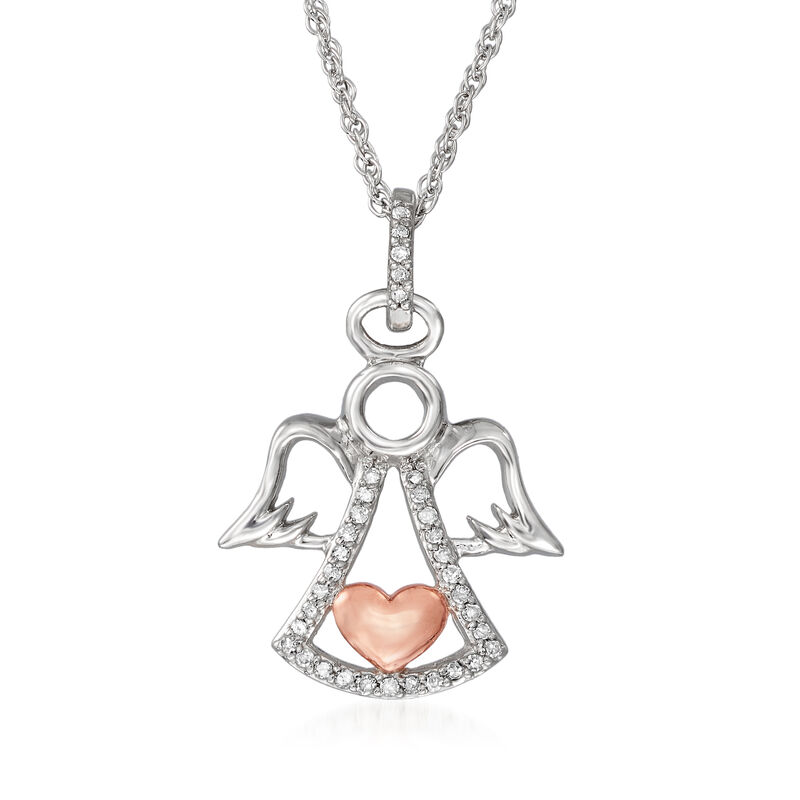 .10 ct. t.w. Diamond Angel and Heart Pendant Necklace in Sterling Silver with 18kt Rose Gold Over Sterling image number 0