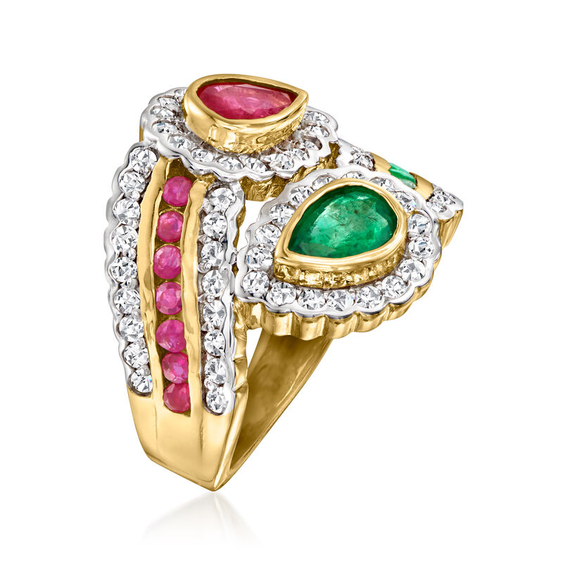 1.10 ct. t.w. Ruby and 1.00 ct. t.w. Emerald Bypass Ring with 1.20 ct. t.w. White Zircon in 18kt Gold Over Sterling image number 2