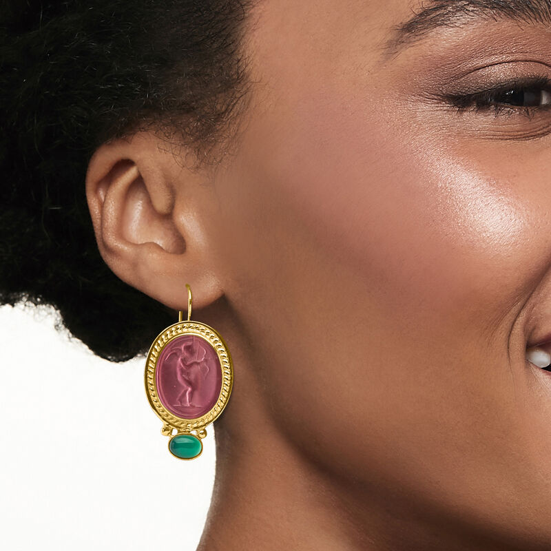 Italian Pink Venetian Glass Cupid Drop Earrings with Green Agate in 18kt Gold Over Sterling image number 1
