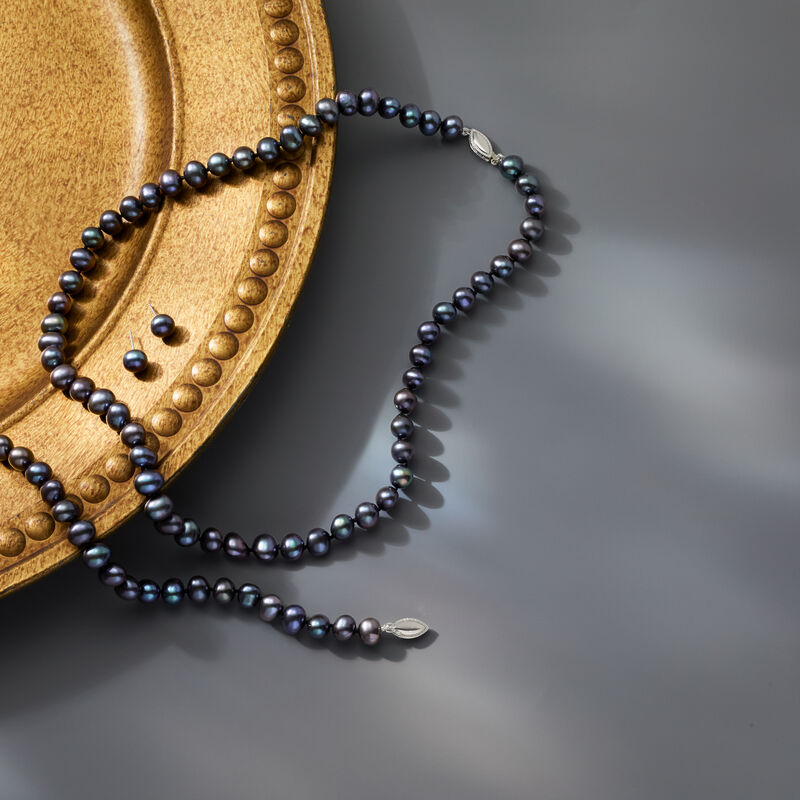 7-7.5mm Black Cultured Pearl Jewelry Set: Necklace, Bracelet and Stud Earrings with Sterling Silver. 18&quot; image number 7