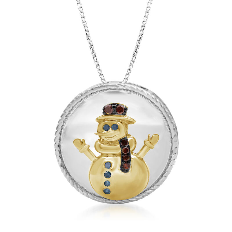 Two-Tone Sterling Silver Snowman Pendant Necklace with Multicolored Diamond Accents image number 0