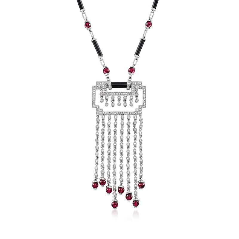 C. 2000 Vintage 7.00 ct. t.w. Garnet, 2.00 ct. t.w. Diamond and Black Onyx Geometric Necklace in 18kt White Gold. 16&quot; image number 0