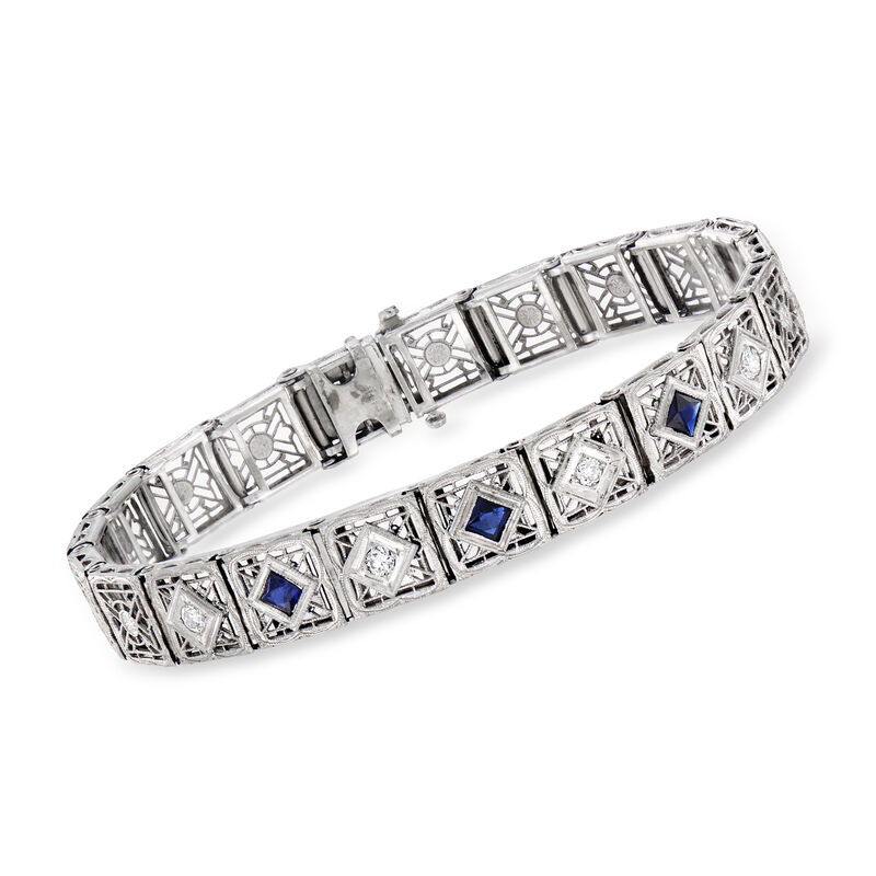 C. 1950 Vintage .75 ct. t.w. Simulated Sapphire and .25 ct. t.w. Diamond Bracelet in 14kt White Gold. 7&quot; image number 0