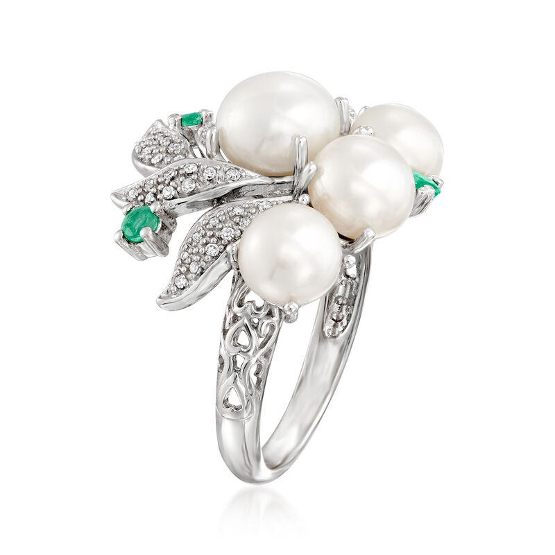 Cultured Pearl and Diamond Cluster Ring with Emeralds in Sterling Silver image number 2