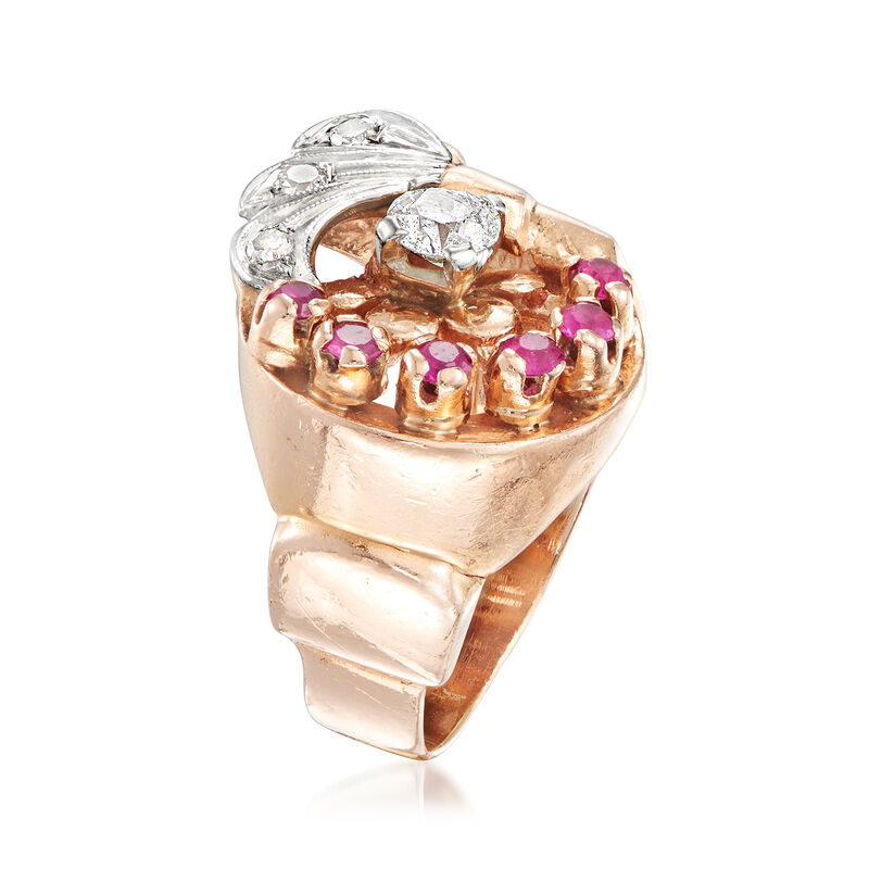 C. 1940 Vintage .55 ct. t.w. Diamond and .40 ct. t.w. Synthetic Ruby Cocktail Ring in 14kt Rose Gold and Palladium image number 2
