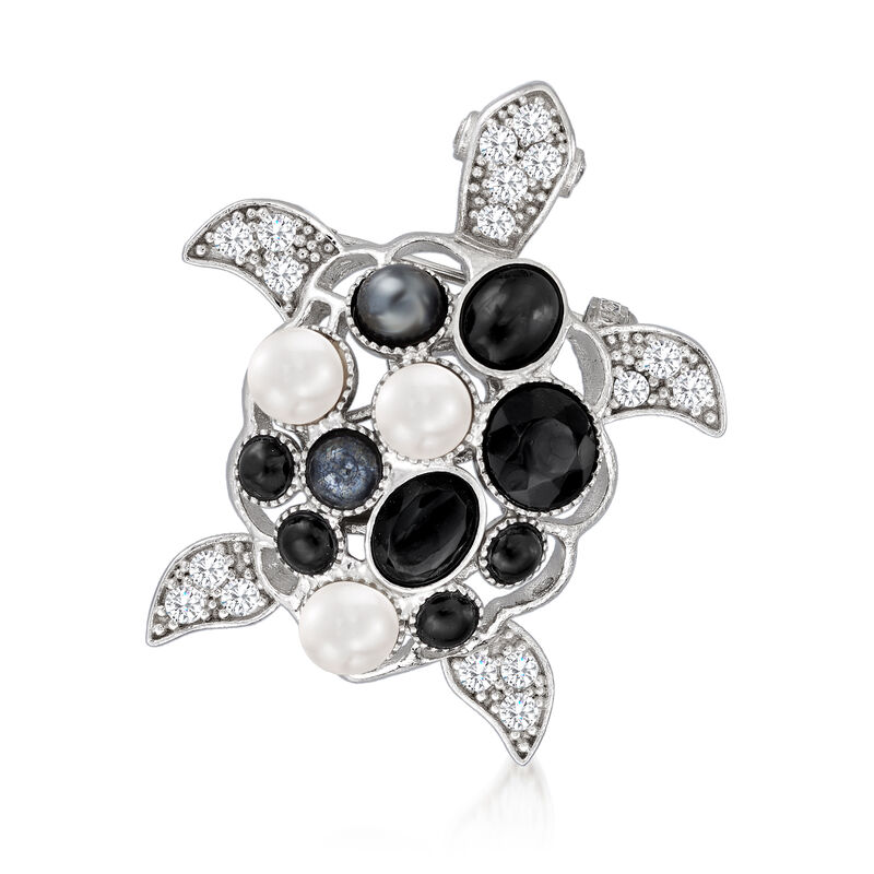 7mm Cultured Mabe Pearl, Black Onyx and Hematite Turtle Pin/Pendant in Sterling Silver  image number 1