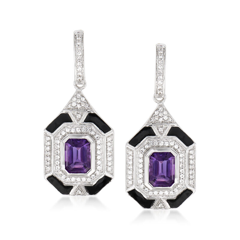 3.00 ct. t.w. Amethyst and .70 ct. t.w. White Topaz Drop Earrings with Black Enamel in Sterling Silver image number 0
