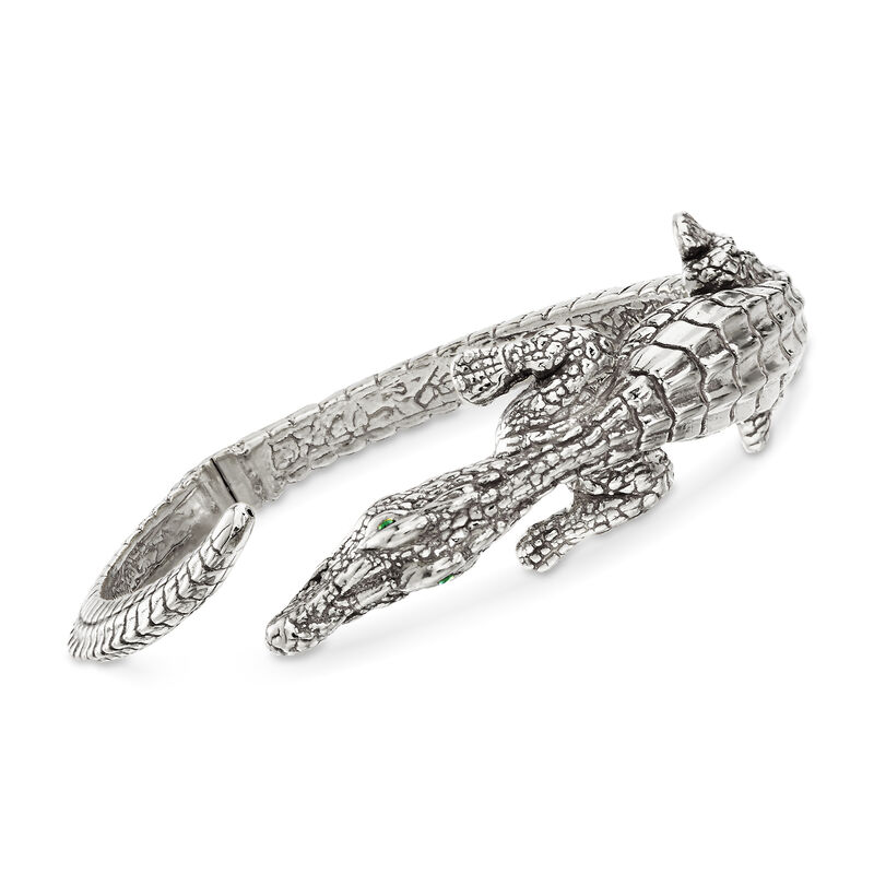 Italian Sterling Silver Alligator Bypass Bangle Bracelet with Emerald Accents. 7.5&quot; image number 0