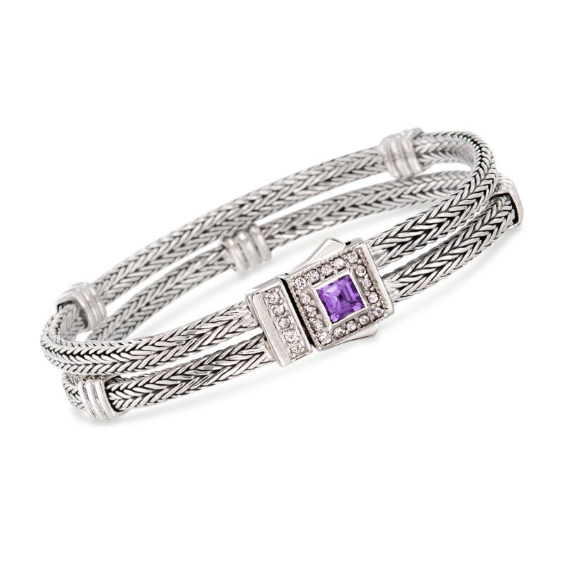 Phillip Gavriel &quot;Woven&quot; .80 Carat Amethyst and .40 ct. t.w. White Sapphire Station Link Bracelet in Sterling Silver. 7.25&quot; image number 0