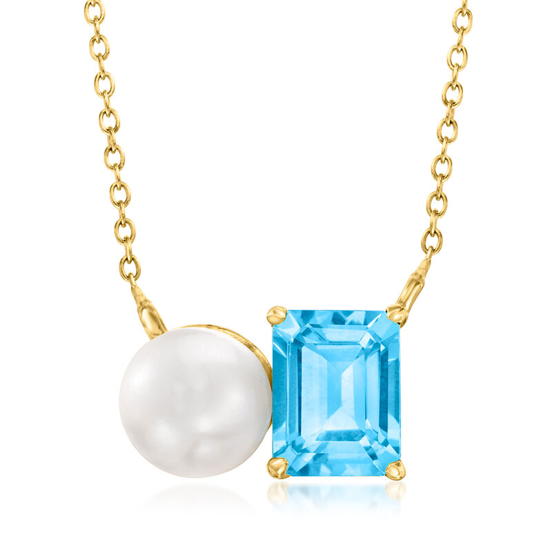 8-8.5mm Cultured Pearl and 2.90 Carat Swiss Blue Topaz Toi et Moi Necklace in 18kt Gold Over Sterling. 18&quot; image number 1