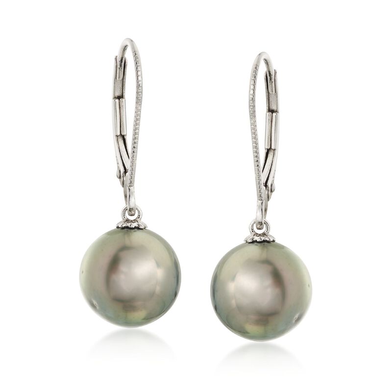 9.5-10mm Black Cultured Tahitian Pearl Drop Earrings in 14kt White Gold image number 0