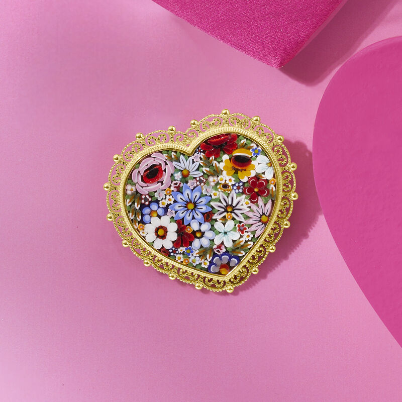 Italian Multicolored Murano Glass Mosaic Floral Heart Pin in 18kt Gold Over Sterling image number 2