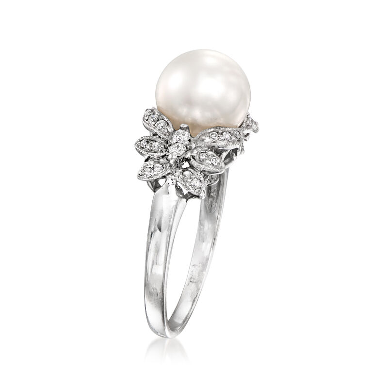 C. 1990 Vintage 8.9mm Cultured Pearl Ring with .22 ct. t.w. Diamonds in 14kt White Gold. Size 7 image number 2