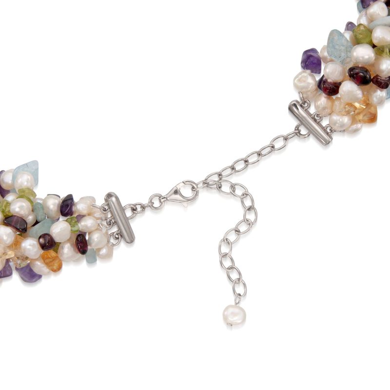 Multi-Stone and Cultured Pearl Torsade Necklace with Sterling Silver. 18" image number 2