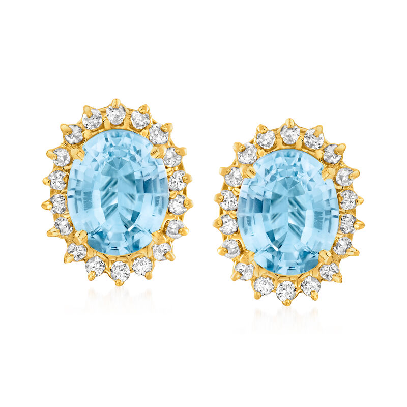 C. 1980 Vintage 11.40 ct. t.w. Sky Blue Topaz and 1.10 ct. t.w. Diamond Earrings in 14kt Yellow Gold  image number 0