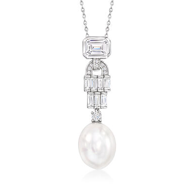 12-12.5mm Shell Pearl and 2.70 ct. t.w. CZ Vintage-Style Pendant Necklace in Sterling Silver