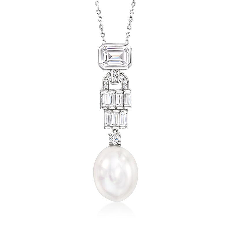 12-12.5mm Shell Pearl and 2.70 ct. t.w. CZ Vintage-Style Pendant Necklace in Sterling Silver. 18&quot; image number 1