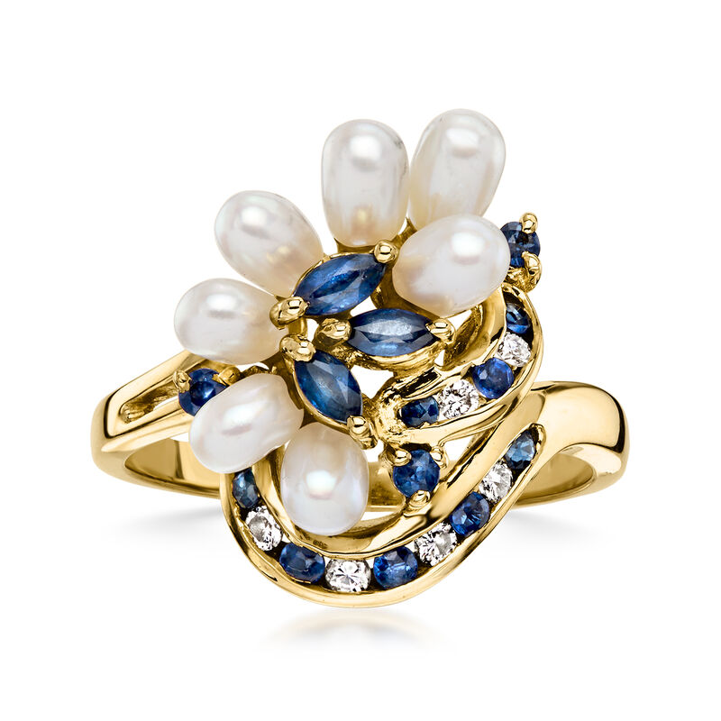 C. 1980 Vintage Cultured Pearl, .37 ct. t.w. Sapphire and .14 ct. t.w. Diamond Ring in 18kt Yellow Gold. Size 6.75 image number 0
