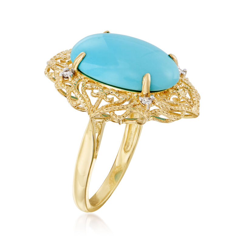 Sleeping Beauty Turquoise Filigree Ring with Diamond Accents in 14kt Yellow Gold. Size 8.5 image number 2