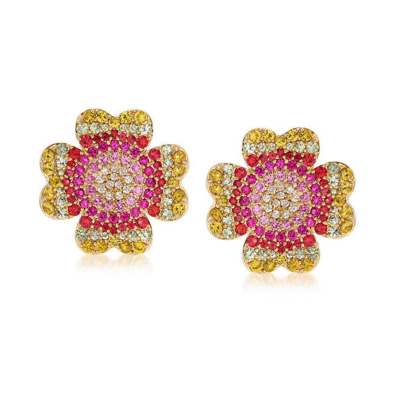 5.50 ct. t.w. Multicolored Sapphire and .26 ct. t.w. Diamond Floral Earrings in 18kt Gold image number 0