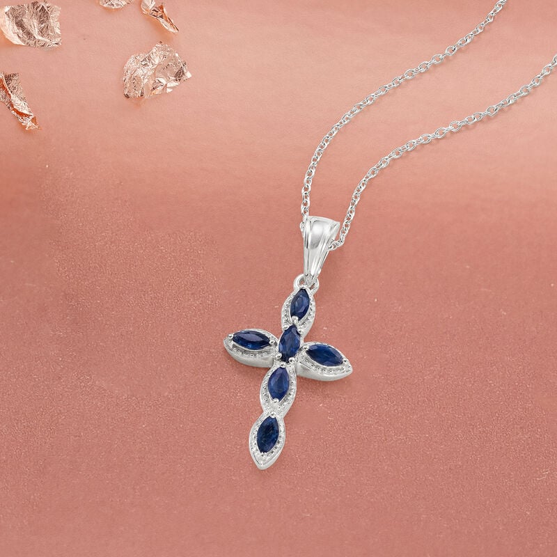 .80 ct. t.w. Sapphire Cross Pendant Necklace in Sterling Silver image number 2