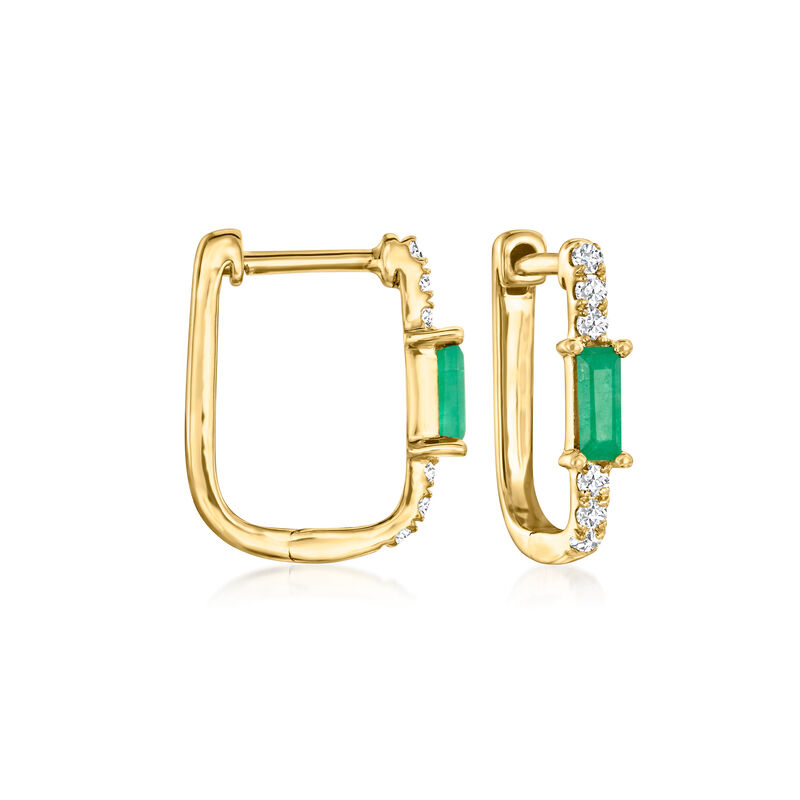 .10 ct. t.w. Emerald and .10 ct. t.w. Diamond Paper Clip Link Hoop Earrings in 14kt Yellow Gold. 3/8&quot; image number 0