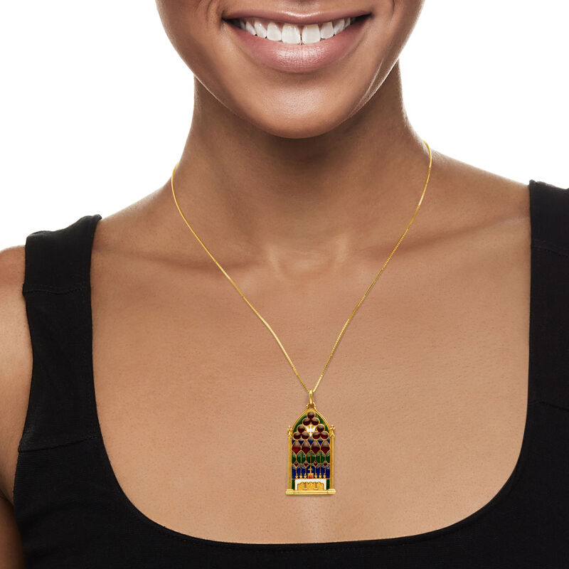C. 1980 Vintage Multicolored Enamel Stained Glass Window Pendant Necklace in 14kt Yellow Gold image number 1