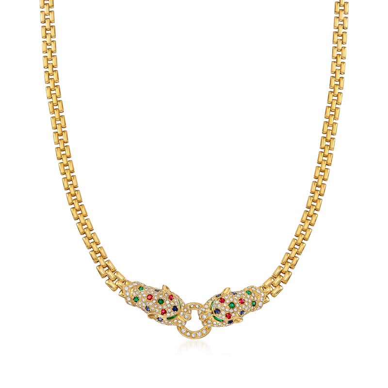 C. 1980 Vintage 1.85 ct. t.w. Multi-Gemstone and 1.70 ct. t.w. Diamond Panther Head Necklace in 18kt Yellow Gold image number 0