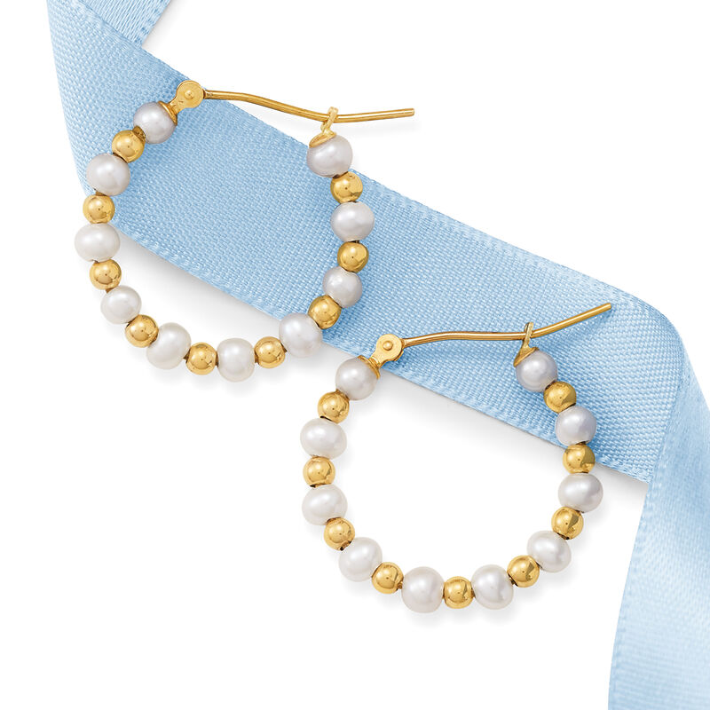 3-4mm Cultured Pearl Hoop Earrings in 14kt Yellow Gold. 3/4&quot; image number 2