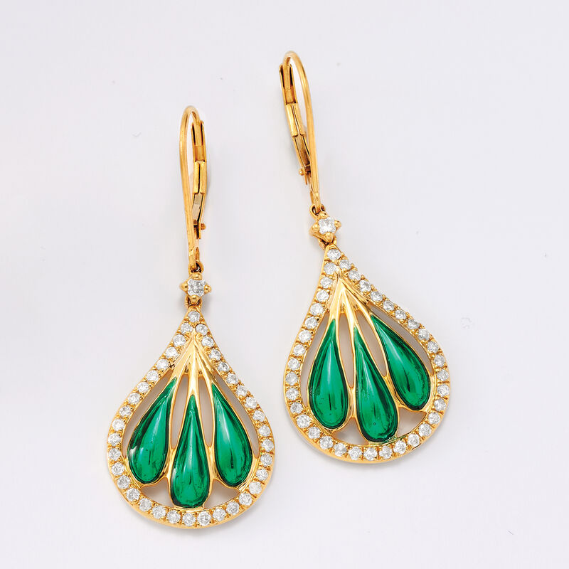 .90 ct. t.w. Diamond and Green Enamel Fan Drop Earrings in 14kt Yellow Gold image number 2