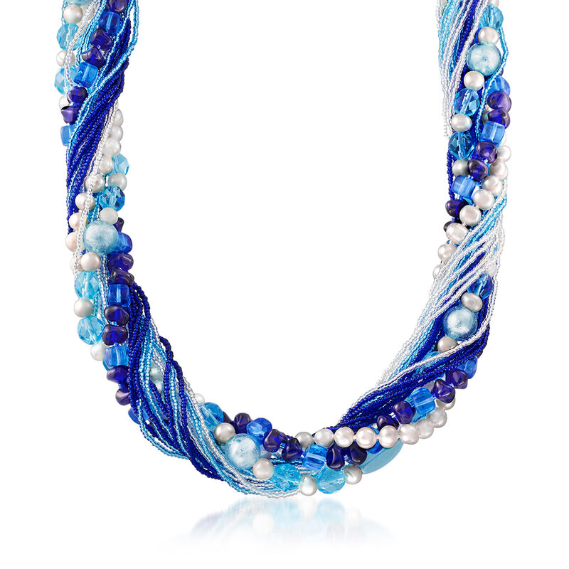 Italian Multicolored Murano Bead and 6mm & 10mm Cultured Pearl Torsade Necklace in Sterling Silver image number 0