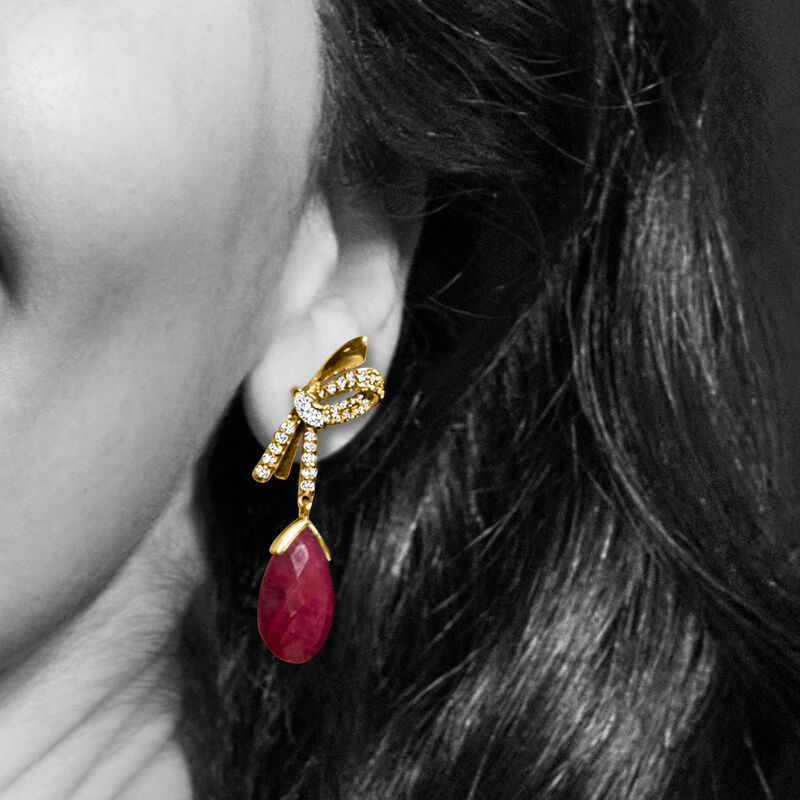 25.00 ct. t.w. Ruby Bow Drop Earrings with 1.60 ct. t.w. White Topaz in 18kt Gold Over Sterling image number 2