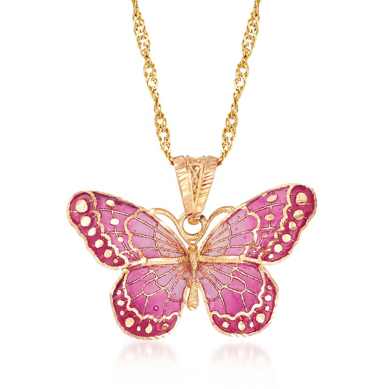 Italian Pink Enamel Butterfly Pendant Necklace in 18kt Yellow Gold image number 0